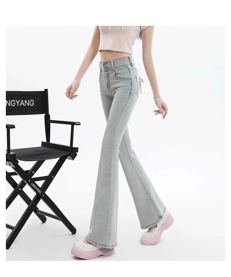 High Waist Bell Bot Denim Jeans Women's Light Color Peach Butt Design Slimming Fitted Floor Length  Hoof Pants