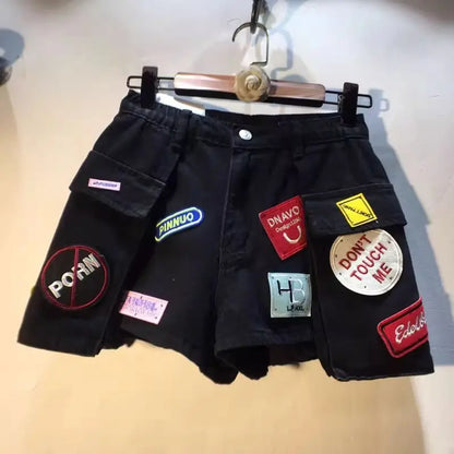2026 Summer New Embroidery Letter High Waist Cargo Pocket Denim Shorts Women