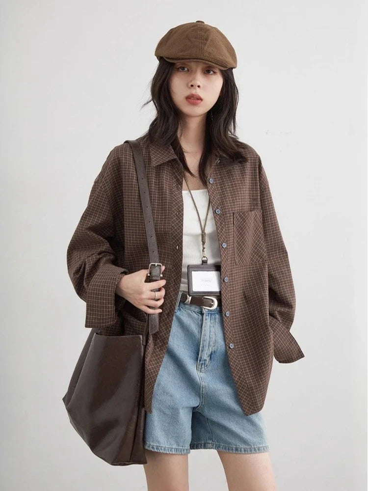 Women Shirt Loose Casual Single-breasted New Retro Contrast Plaid Embroidered Blouses Female Top Autumn Winter 2026