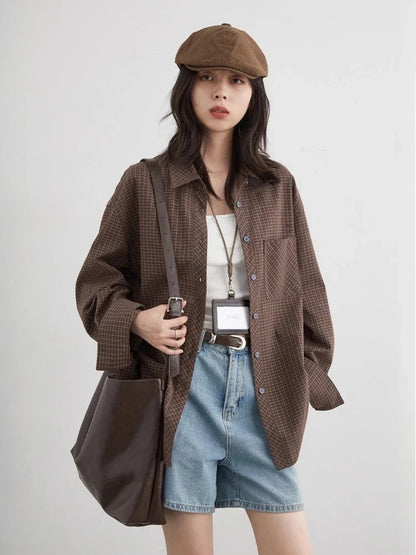 Women Shirt Loose Casual Single-breasted New Retro Contrast Plaid Embroidered Blouses Female Top Autumn Winter 2026