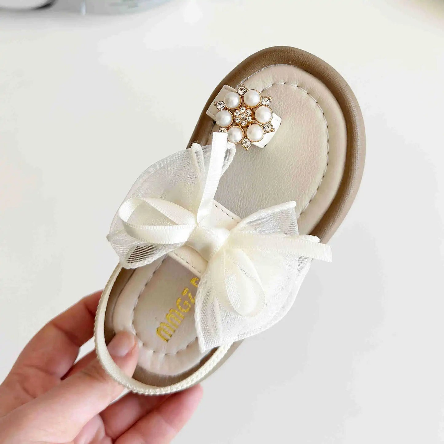 Brand Designer Ribbons Sandals for Girls Beaded Flip Flop Evening Party Dress Shoes Tulle Bow-tie Child Shoes Girl Sandal I06034