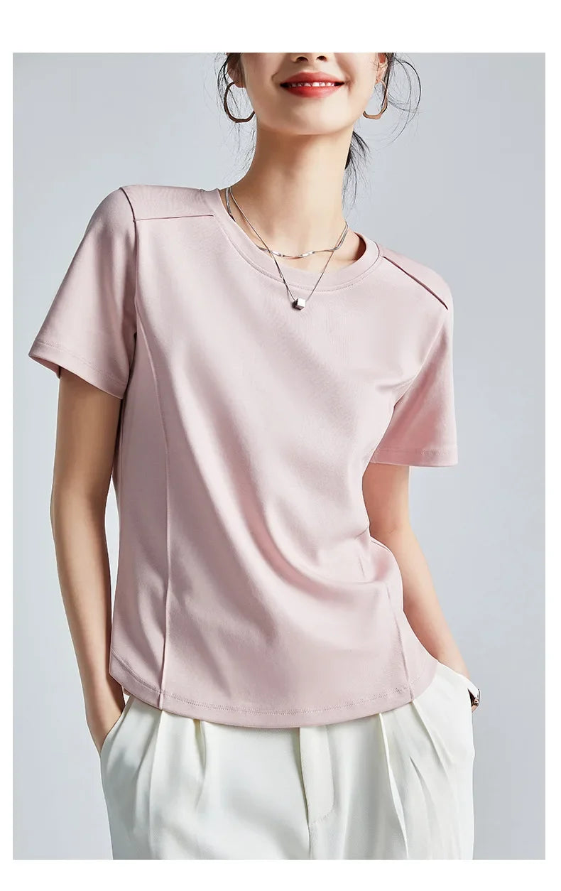 Summer Women's White Mercerized Cotton T-Shirt | 3D Stitching Round Neck Basic Top | Plus Size Slim Fit Layered Casual Blouse