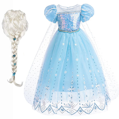 2026 Summer Frozen Costume Princess Dress for Girls White Sequined Carnival Dress Kids Cosplay Snow Queen Elsa Dress For Girls