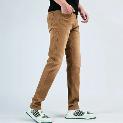 2025 Autumn New Men's Slim Elastic Jeans Fashion Korean Small Straight Pencil Pants Soft Comfortable Casual Green Denim Pants