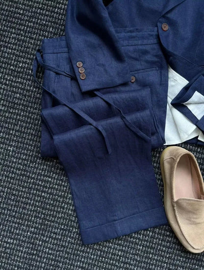British Style Mens Linen Thin Suit Sets Slim Single Breasted Retro Blazers Pant Outfits Spring Summer Male Coat Two-Piece Set