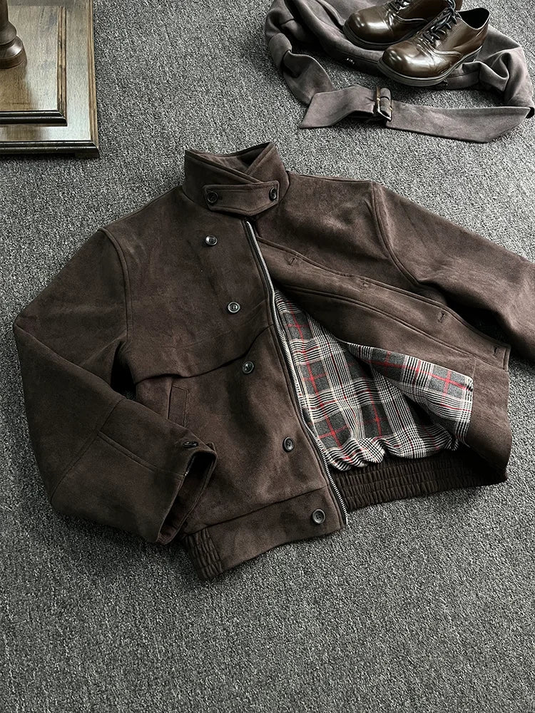 Spring Autumn Cool Short Soft Brown Faux Suede Leather Jacket Men Turn-down Collar Zipper Luxury Designer Clothes