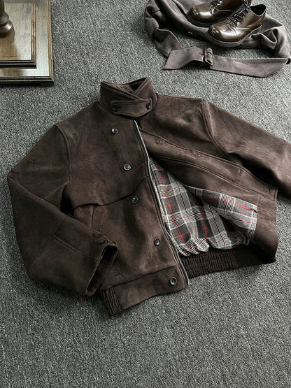 Spring Autumn Cool Short Soft Brown Faux Suede Leather Jacket Men Turn-down Collar Zipper Luxury Designer Clothes
