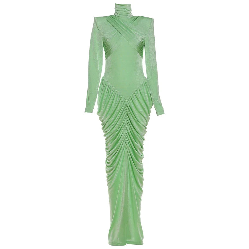 Autumn New Style Maxi Dress Women Turtleneck Full Sleeve Backless Skinny Stretch  Prom Party Ruched Elegant Vestidos