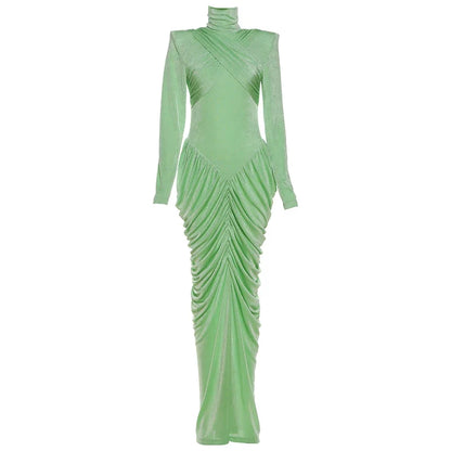 Autumn New Style Maxi Dress Women Turtleneck Full Sleeve Backless Skinny Stretch  Prom Party Ruched Elegant Vestidos