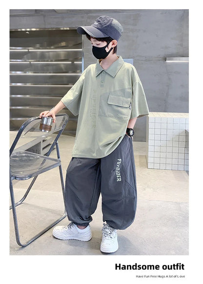 School Boys Fashion Summer Top And Bottom Clothes Set Polo Shirt + Pants 2 Pieces Clothing Suit Kids Children Casual Tracksuit