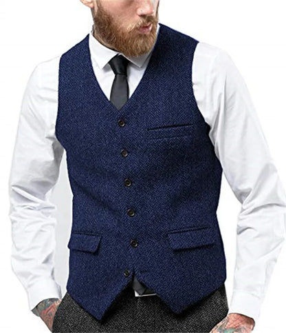 Herringbone Vest for Men Wool Tweed Waistcoat for Groom Groomsman Formal Single Breasted Males Plus Size Dress Suit Vest