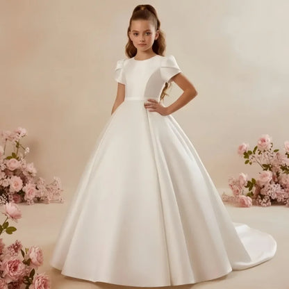 White Flower Girl Dress for Wedding With Bow Satin Floor Length Elegant First Communion Ball Birthday Party Gowns