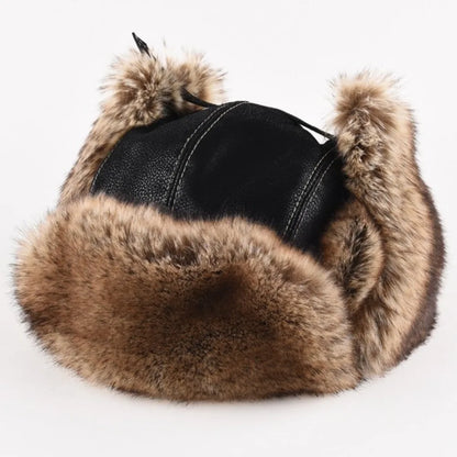 New Leather Winter Hat Faux Fur Lined Pilot Ski Ushanka Thicken Warm Windproof Snow Cap With Ear Flap Men's Hats & Caps