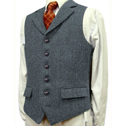 Men Vest Brown With Lapel Boutique Herringbone Single Button Fit Waistcoat Casual Formal Business Wedding Daily Men Suit Vest