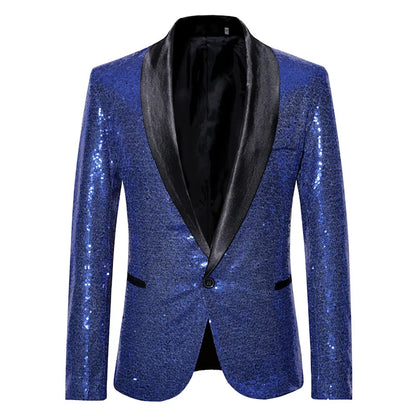 2026 Men's Suit Jacket, Shiny Sequin Stage Performance Coat, White Silver Blue Red Purple Blazers V-neck Single Button