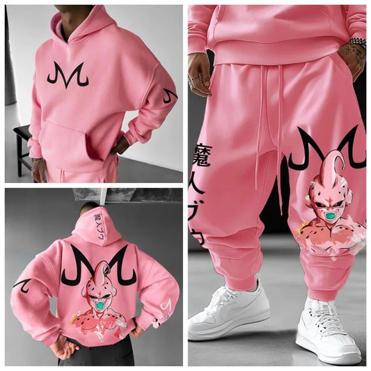 Majin Buu Hoodie Pants Set Anime Cotton Loose Fit Graphic Print Streetwear Casual Sweatshirt Joggers Japanese Cartoon Character