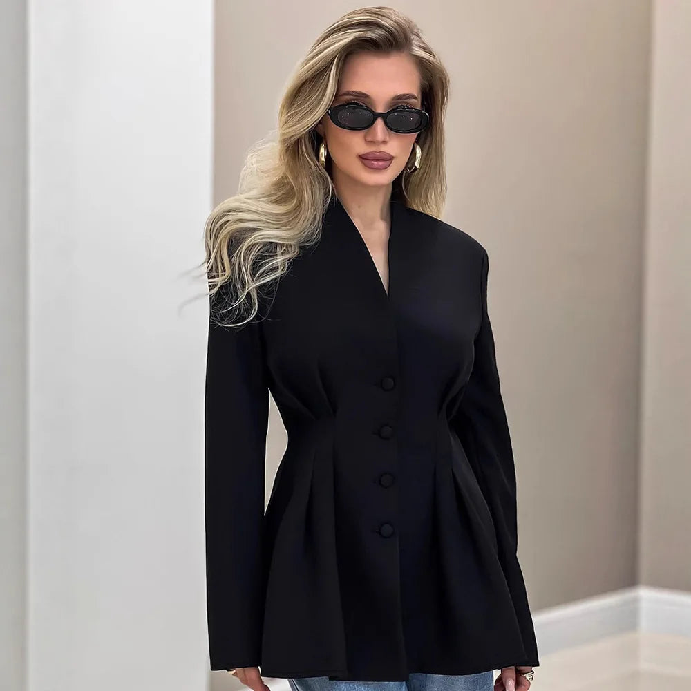 Elegant V-neck Tunics Black Suit 2026 Spring Women's Long Sleeve Single Breasted Slim Blazers Ruched Outerwear Streetwear