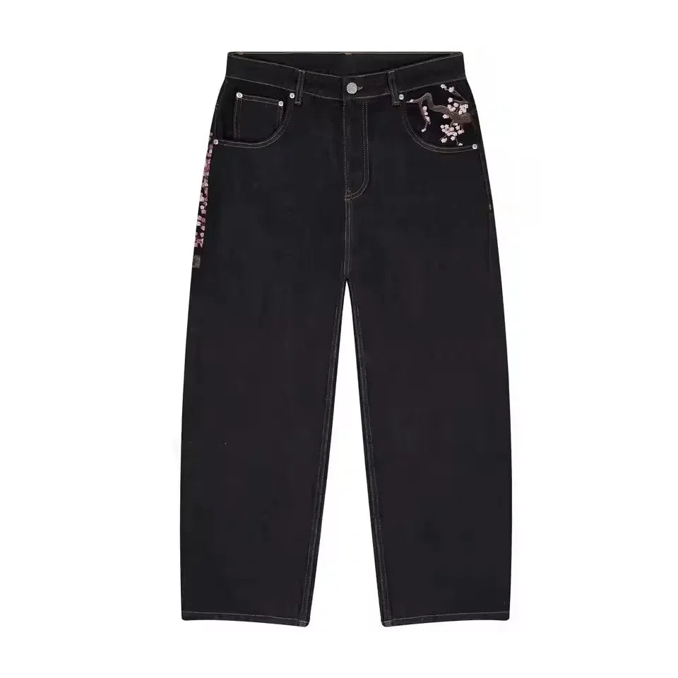 Y2K Vintage Low Waist Hip Hop Cherry Blossom Embroidered Jeans  Wide Leg Trousers Clothes Mens Embroidered Baggy Jeans Womes