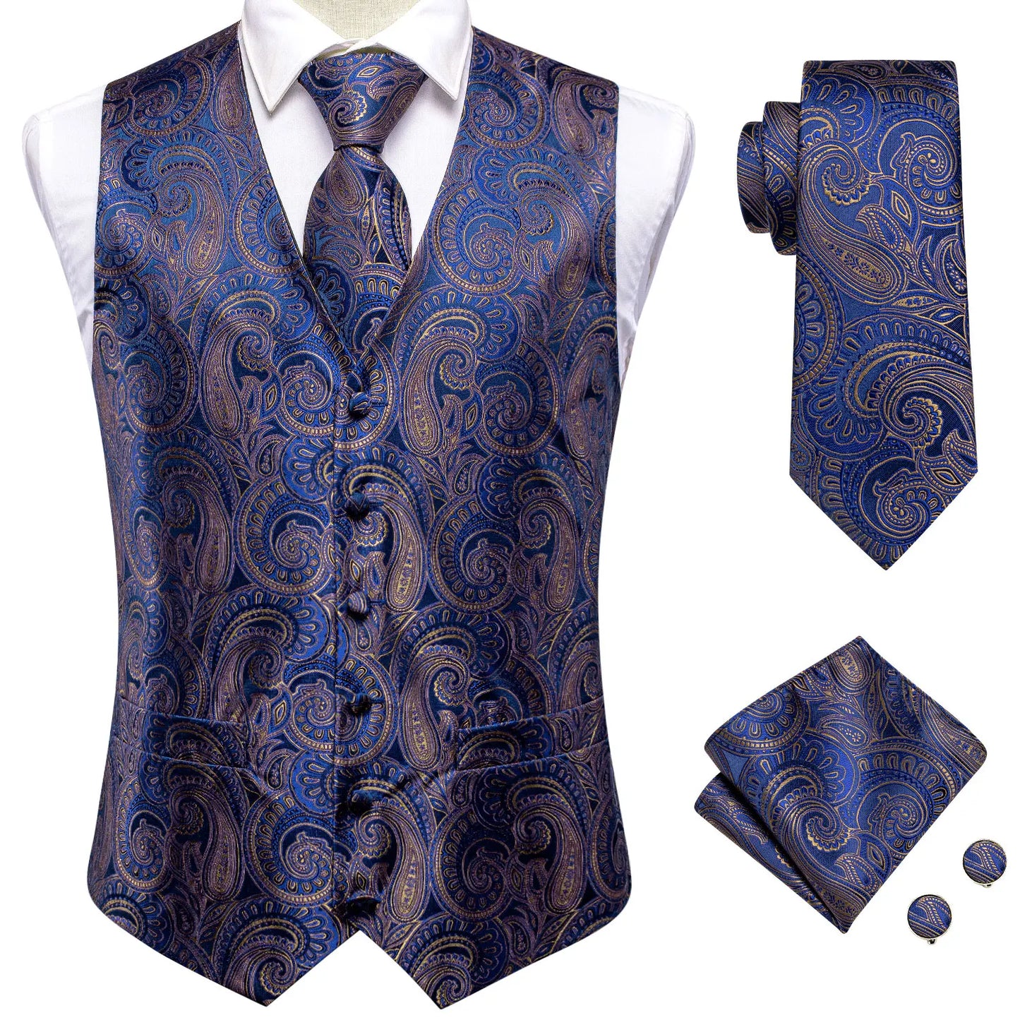 Sky Navy Royal Blue Mens Waistcoat Tie Set Sleeveless Jacket Vest Necktie Hanky Cufflinks Wedding Business Oversized Gift