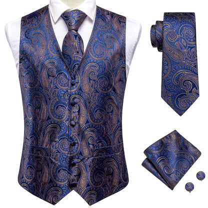 Sky Navy Royal Blue Mens Waistcoat Tie Set Sleeveless Jacket Vest Necktie Hanky Cufflinks Wedding Business Oversized Gift