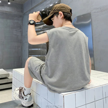 New Kids Designer Streetwear Summer Top Bottom Suit Sleeveless T-shirt And Shorts 2 Pcs Clothes Set Children Boys Casual Outfit