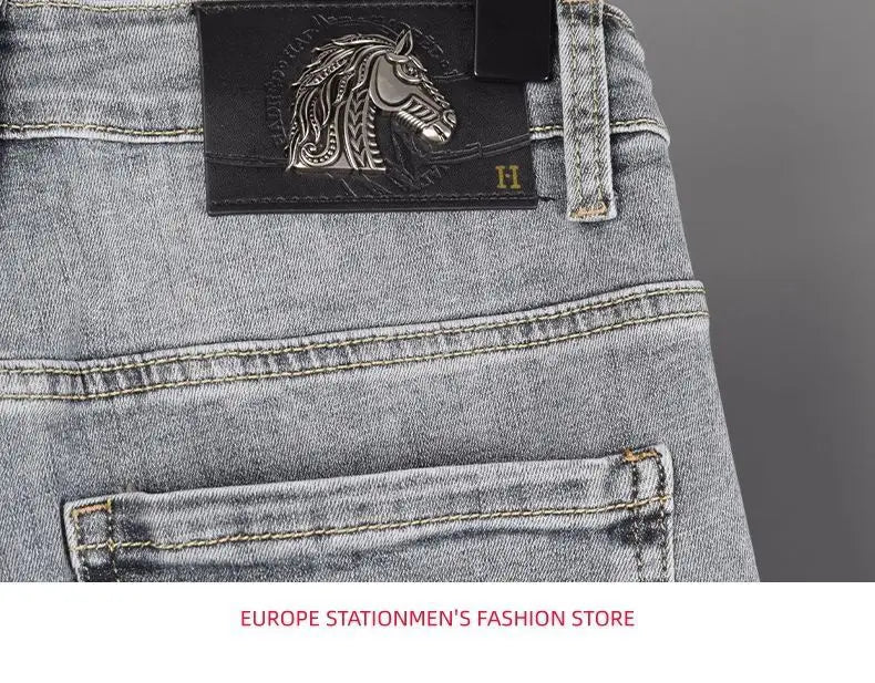New Slim Fit Casual Jeans with Heavy Duty Ironing Drills Prints Branded Korean Style Clothes for Men Streetwear Washed Jeans