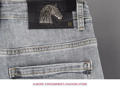 New Slim Fit Casual Jeans with Heavy Duty Ironing Drills Prints Branded Korean Style Clothes for Men Streetwear Washed Jeans