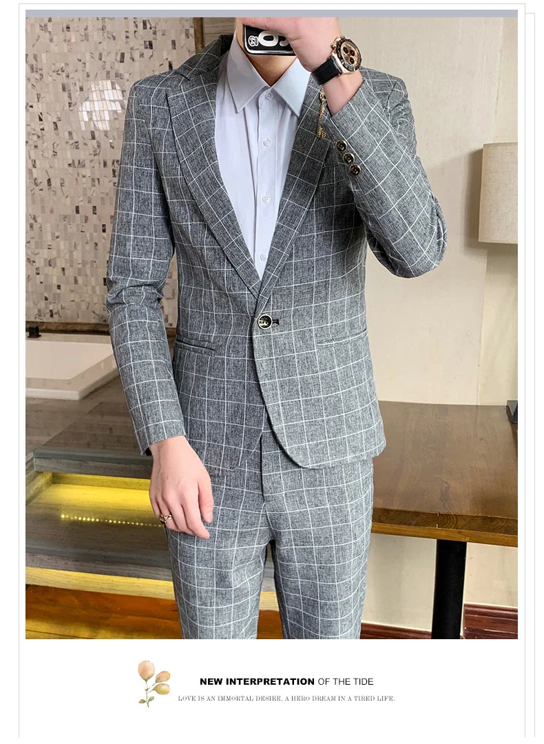 Autumn 2024 Men's Slim Fit Checkered Two-Piece Suit Korean Style Handsome Fashion Suit And Trousers Set