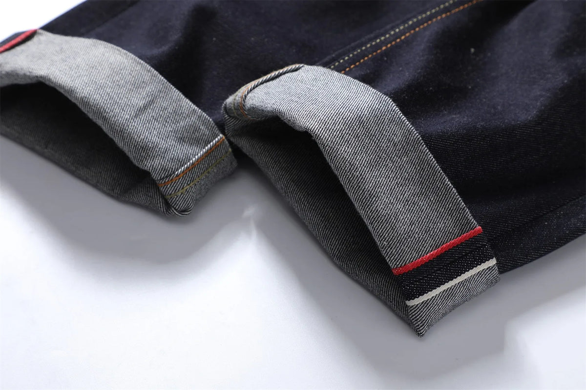 Men's Japanese Handmade Embroidered Jeans Pure Cotton Straight Tube Hip-Hop Popular Slim Red Ears Show Thin Trousers Devil Black
