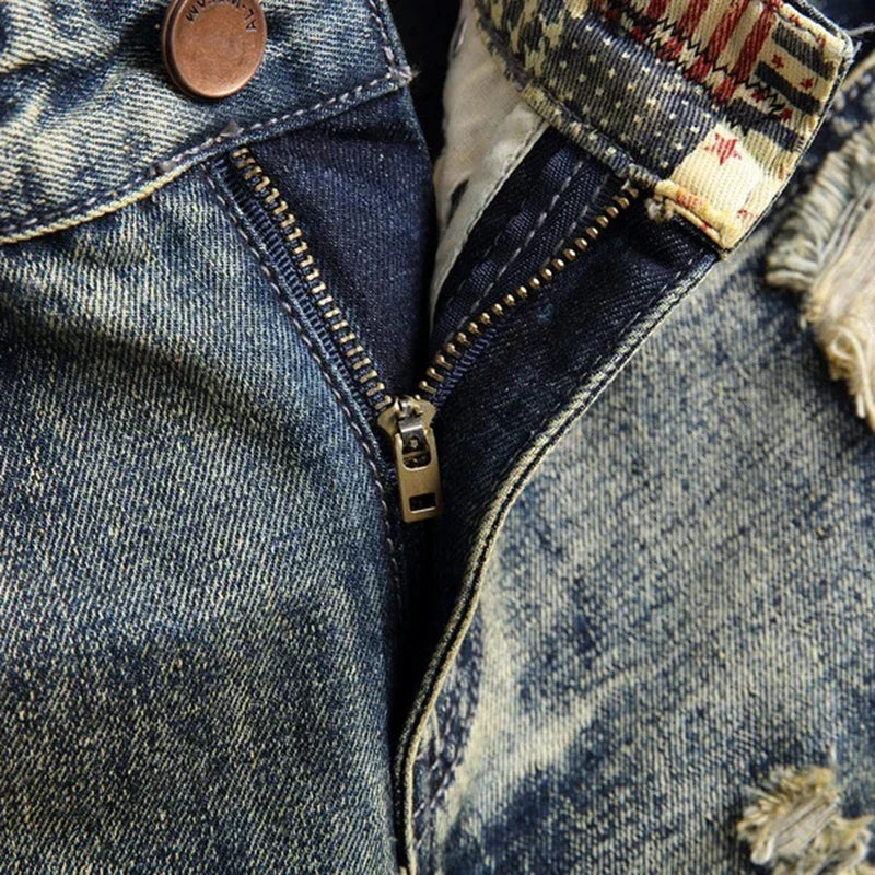 Ripped Short Jeans Men Vintage Denim Shorts Straight Hole Patch Plaid Hip Hop Fashion Knee Length Pants Streetwear