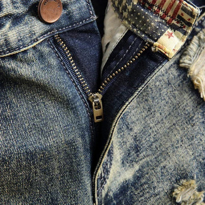 Ripped Short Jeans Men Vintage Denim Shorts Straight Hole Patch Plaid Hip Hop Fashion Knee Length Pants Streetwear