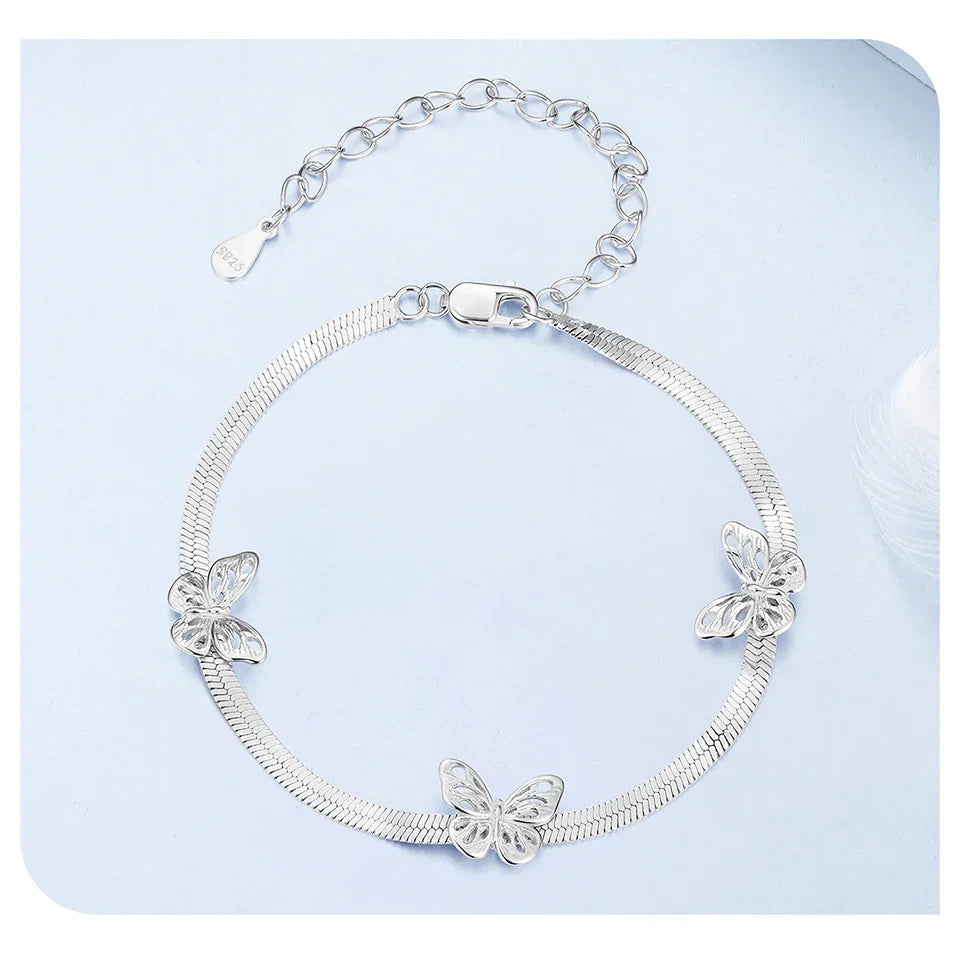 Hollow Butterfly Bracelets Wide Flat Snake Link Chain Charm Bangle Adjustable for Women Jewelry Gift 925 Sterling Silver