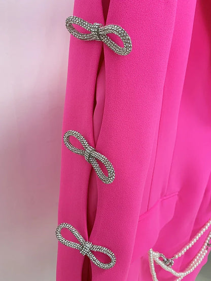 HIGH STREET Newest 2026 Designer Stylish Fashion Women's Pearls Chain Diamonds Beaded Hollow Out Bow Sleeve Blazer Dress