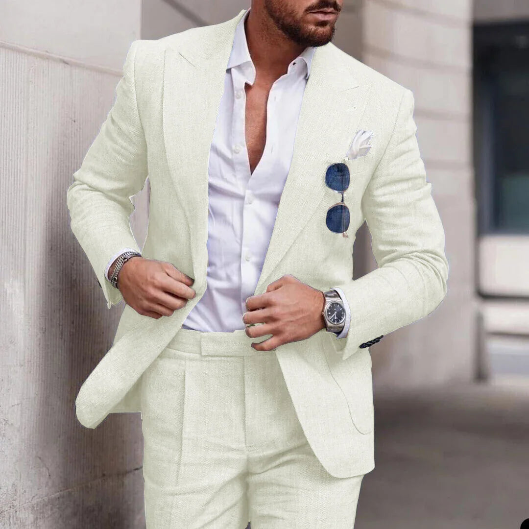 Men's 2 Piece Linen Suit Slim Fit Notch Lapel Casual Blazer Jacket & Trousers Business Wedding Party Formal Dress Set for Men
