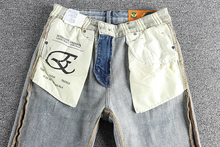 New wash light blue ground white jeans men's spring American fashion brand small straight leg retro casual youth pants