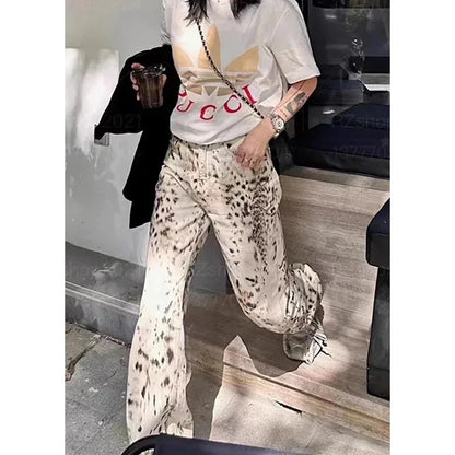 Leopard Print Straight Wide Leg Jeans Women High Waisted Retro Jeans Streetwear Y2k Vintage Pants High Street Denim Trousers