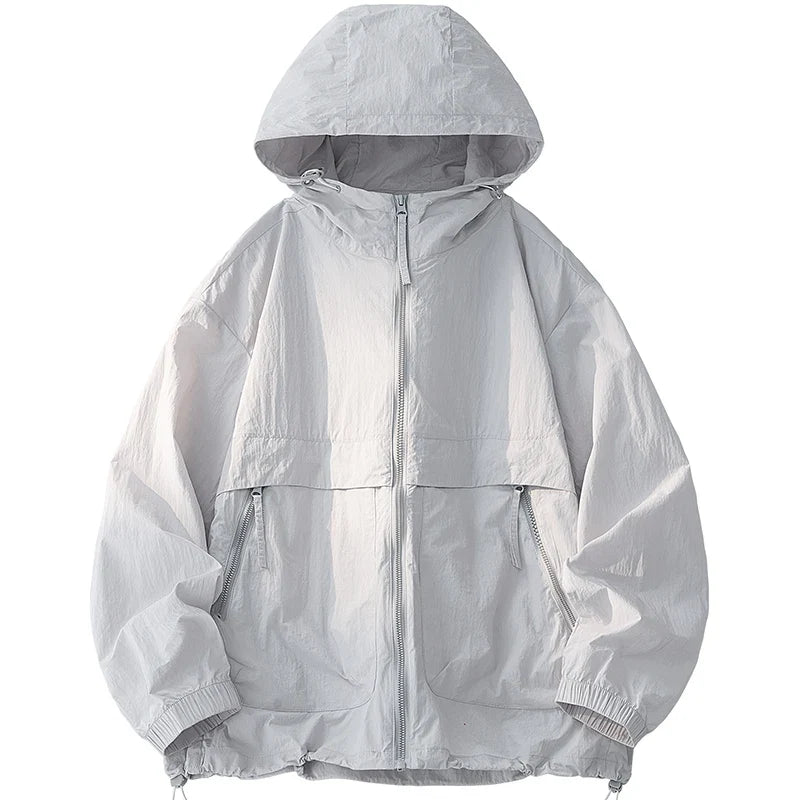 UPF50+ Men's Hooded Sunscreen Jacket Summer Ultra Thin Zipper Pocket Windbreaker Elastic Cuffs Outdoor Hiking Fishing Skin Coats