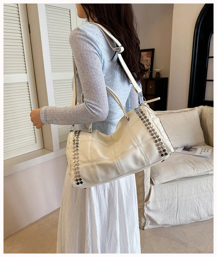 New Y2K Fashion Retro Rivet Tote Bag Women's High-end Handbag Large Capacity Motorcycle Shoulder Bag Daily Commute Crossbody Bag