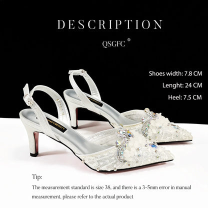 Italian Design Rhinestones and Coral Stones Ladies Party Shoes High Heels Pointed Toe Coffee Color Women's Shoes