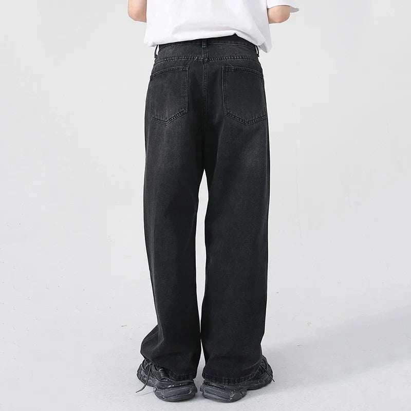 Men Classic Straight Leg Casual Jeans Male Brand Wide Leg Black Denim Pants Simple Vintage Outside High Street Denim Trousers