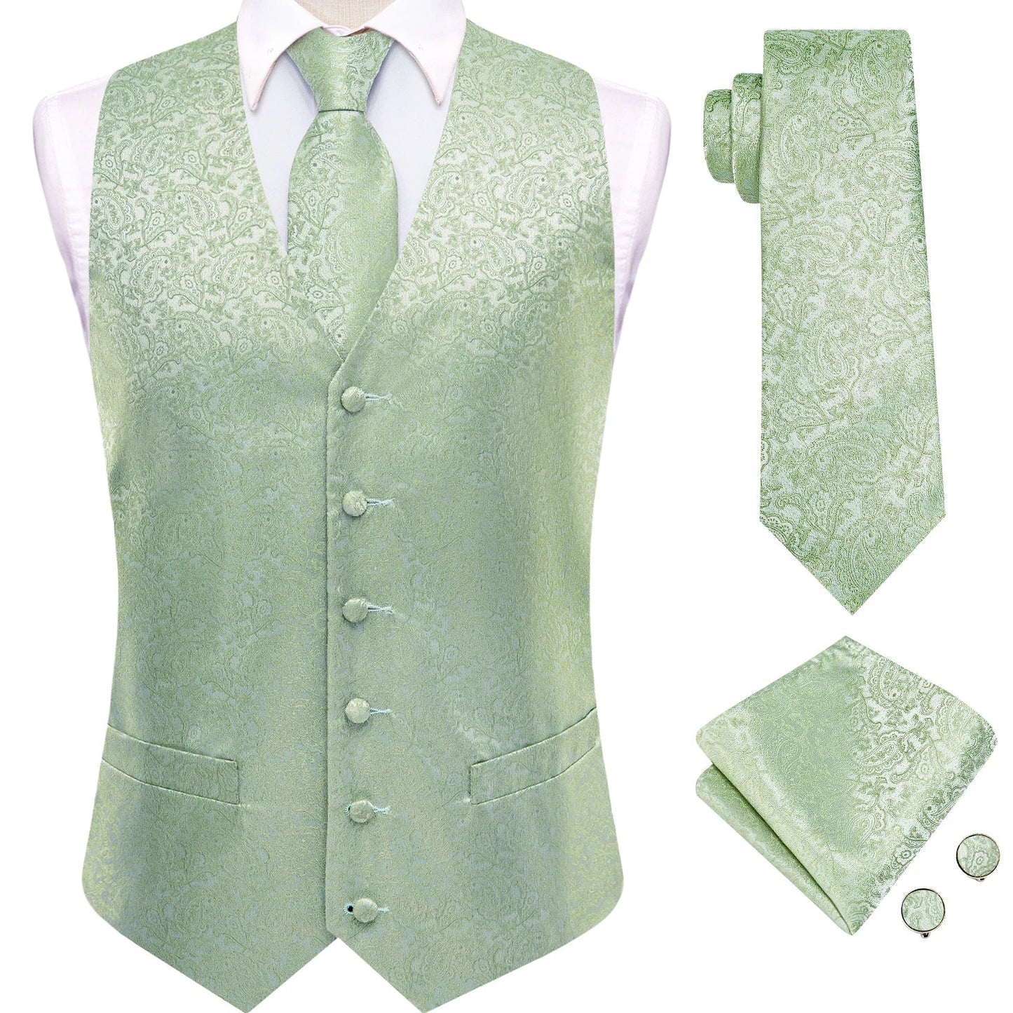 Men Paisley Print Vest Matching Set Waistcoat Tie Hanky Cufflinks Formal Wedding Party Gentleman Suit Accessories Kit