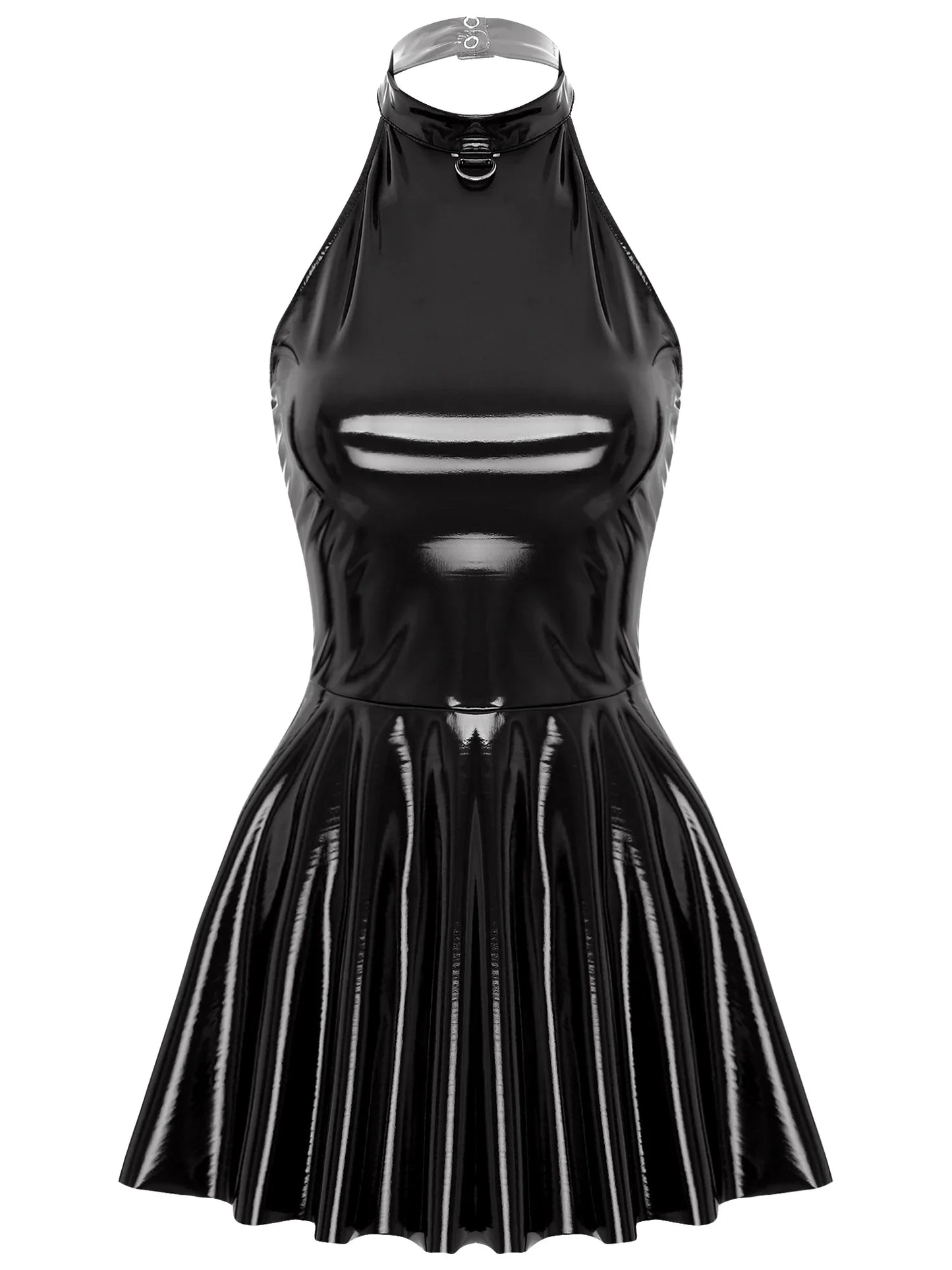 Womens Glossy Patent Leather Glossy Mini Skater Dress Halter Backless Bodycon Lingerie A-Line Dresses Rave Disco Party Clubwear