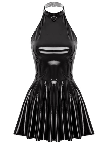 Womens Glossy Patent Leather Glossy Mini Skater Dress Halter Backless Bodycon Lingerie A-Line Dresses Rave Disco Party Clubwear