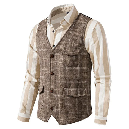 Suit Vest Men British Style Plaid Single-breasted Pocket Man Waistcoat Business Casual Slim Sleeveless Male Vest