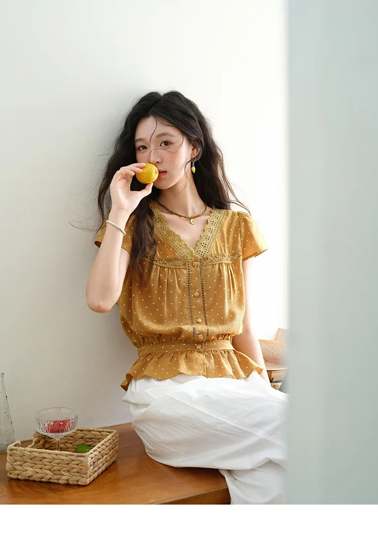 Women's V-neck Lace Splicing Blouse 2025 Summer New Ladies Fashion Polka Dot Hollow Ruffle Button Female Top MXE38X1847
