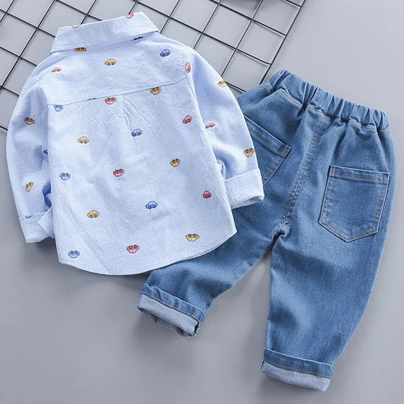 2-5 Years Spring Autumn Comfortable Casual Boys Clothing Set 2 Color Cartoon Car Full Sleeve Shirt + Jeans 2Pcs Outfit For Kids