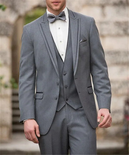 Grey Wedding Men Tuxedos Stand Collar Suit Men's Business Office Slim Fit Good Quality Male Suits 3 Pieces Sets