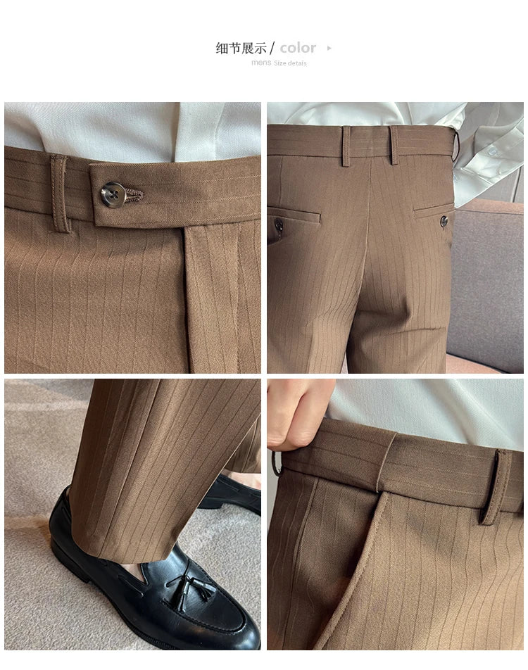 Autumn Winter Thick Suit Pants Men Elastic Waist Business Classic Straight Striped Formal Pants High Quality Slim Fit Trousers