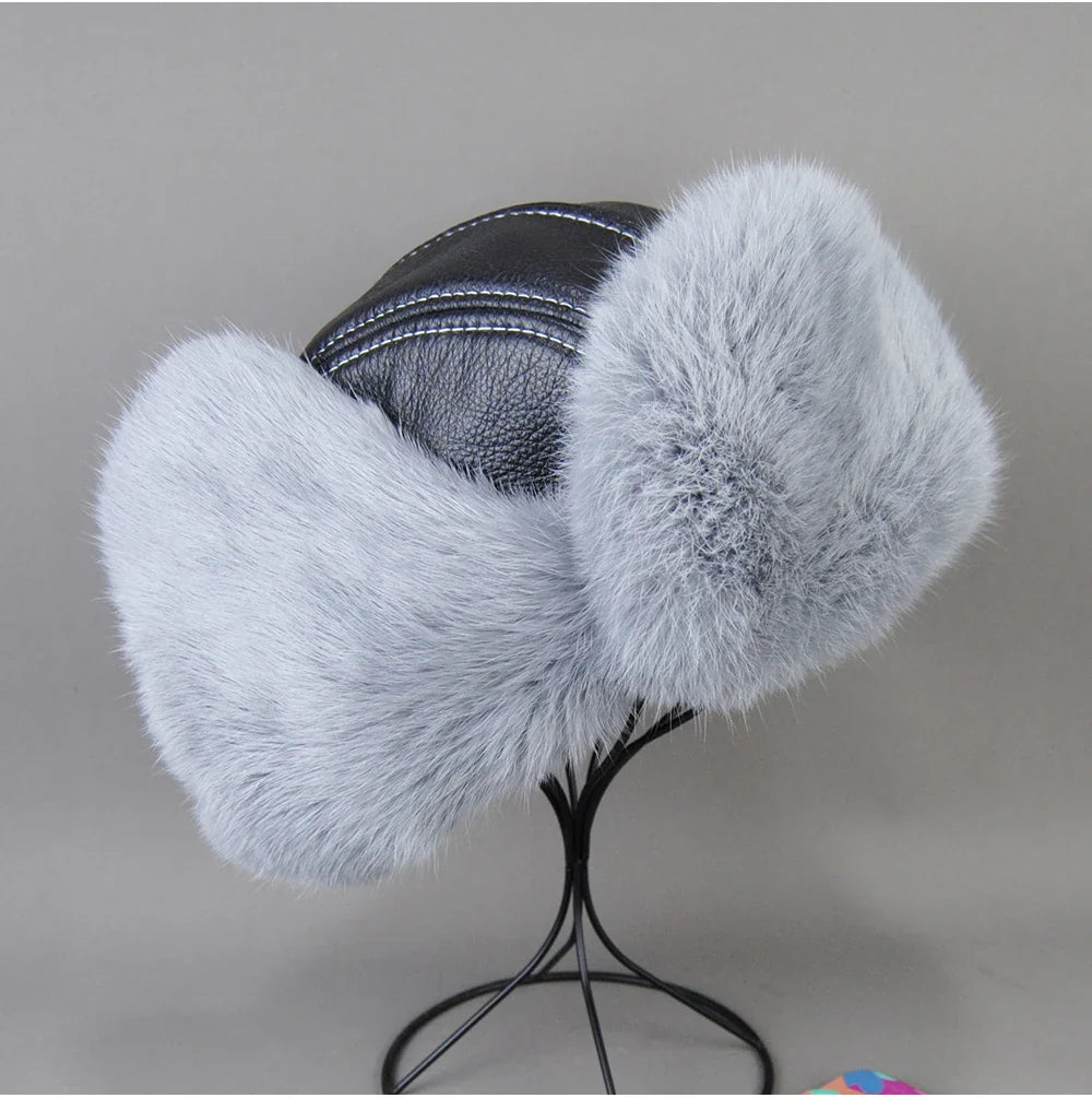 2026 Fashion Men's 100% Natural Rabbit Fur Bomber Hats Winter Russian Man Warm Real Sheepskin Leather Hat Male Real Fur Caps