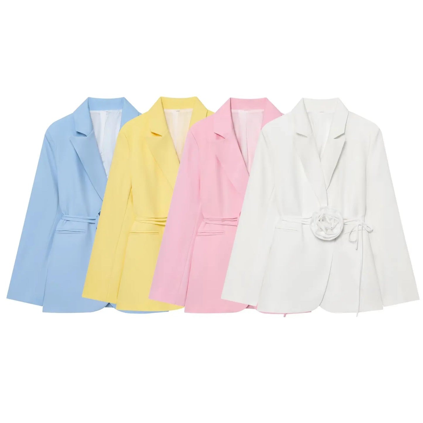 Women Notched Lapel Blazer with Floral Rose Belt Waist Tie Slim Long Sleeve Suit Jacket